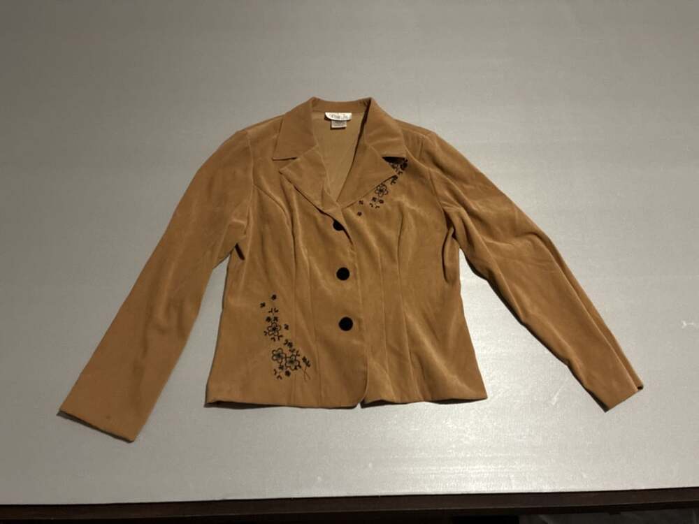 Lisa Jo Blazer Size 14 Camel Floral Embroidered Suede Feel Jacket